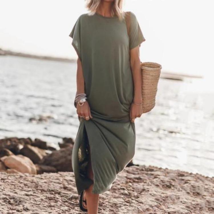 Soft Breathable Women Summer Casual Maxi Dress Round Neck Thin Short Sleeves Loose Solid Color Side Split Ankle Length