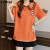 VONDA Women Doll Collar Short Sleeve Stitching Print College Style Blouse