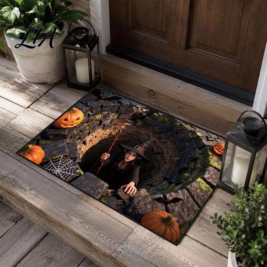 Spooky Skeleton Floor Mat 3D Halloween Entrance Rug, Depth Pattern Practical Party Decoration Non-slip Absorbent Door for Front Bathroom Entryway