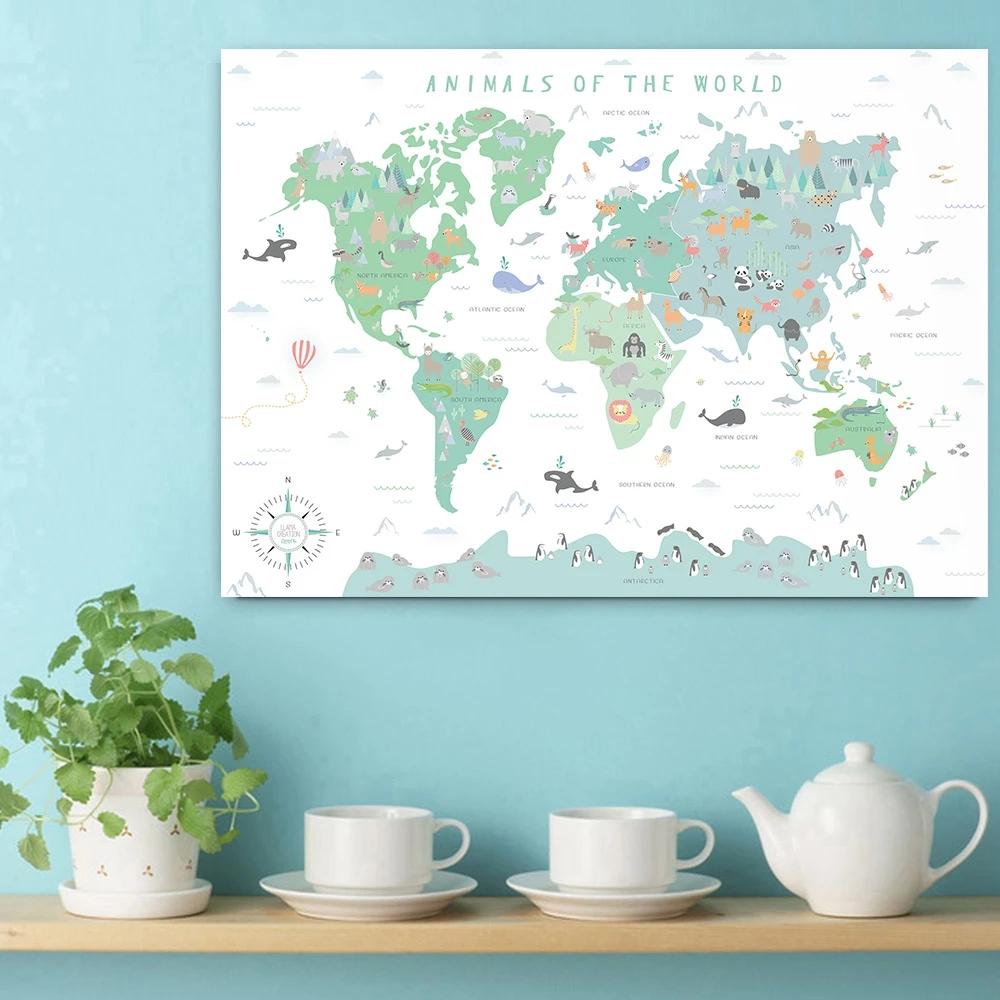 Скандинавские детские постеры и принты, карта мира с животными, холст, живопись, акварель, мультяшная настенная художественная картина для детской спальни, декор