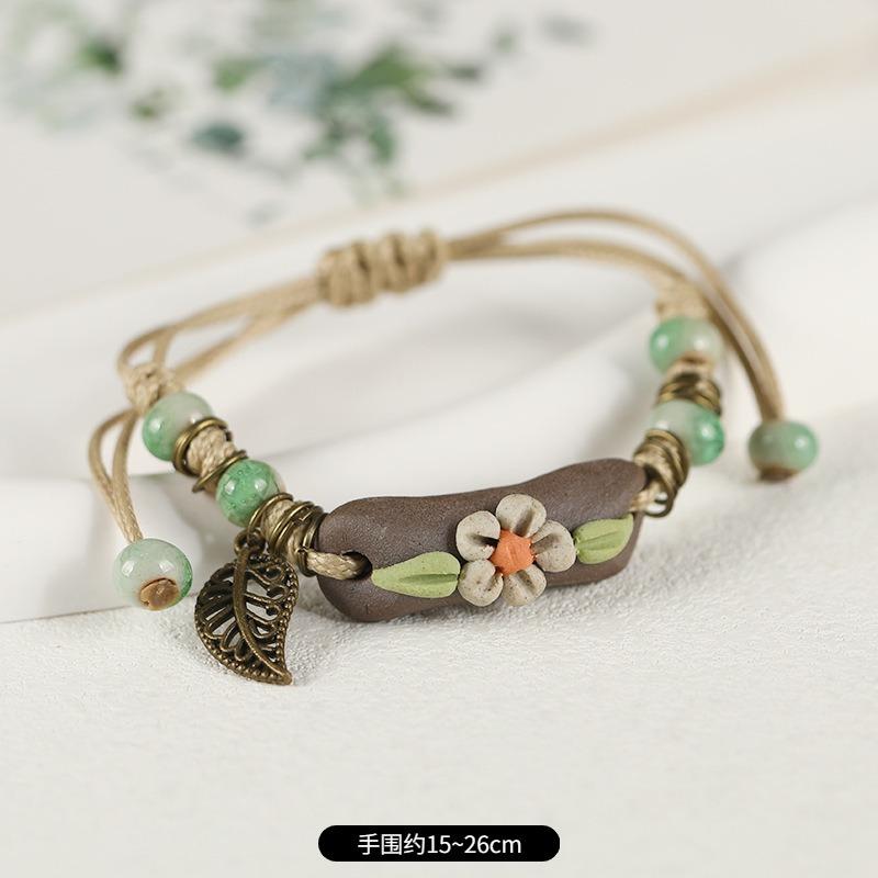 Retro Ceramic Flower Woven Bracelet Niche Literary Hand Rope Small Fresh Bell Bracelet Female