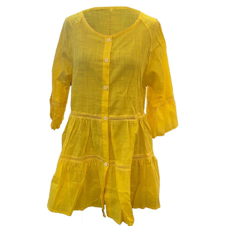 Women Flare Sleeve Cotton Shirt Oversized Hallow Out Loose Blouses Solid Color Yellow White Buttoned Ruffle Plus Size Tops