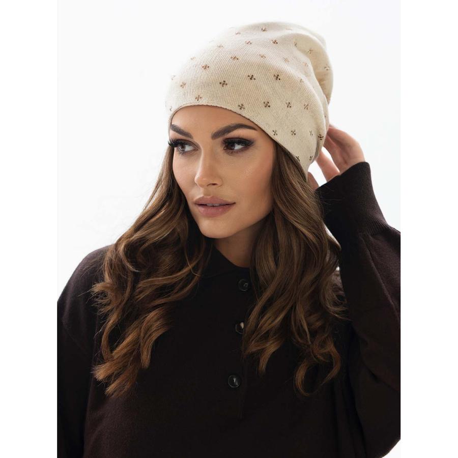 Elegancka Czapka Slouchy Z Kryształkami Beżowa - Peterson
