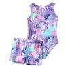 Kids Girls Gymnastics Yoga Dance Sport Sets Fancy Print Leotard and Shorts Dancewear Outfits