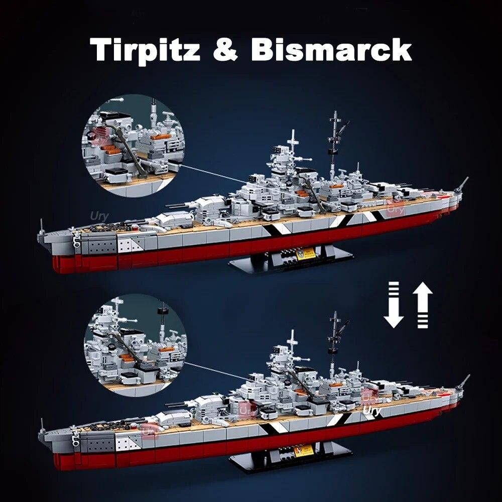 WW2 Military Warships KMS 2in1 Bismarck Battleship Fleet Collection Building Blocks Classic Model Toy for Kids Boy Gift