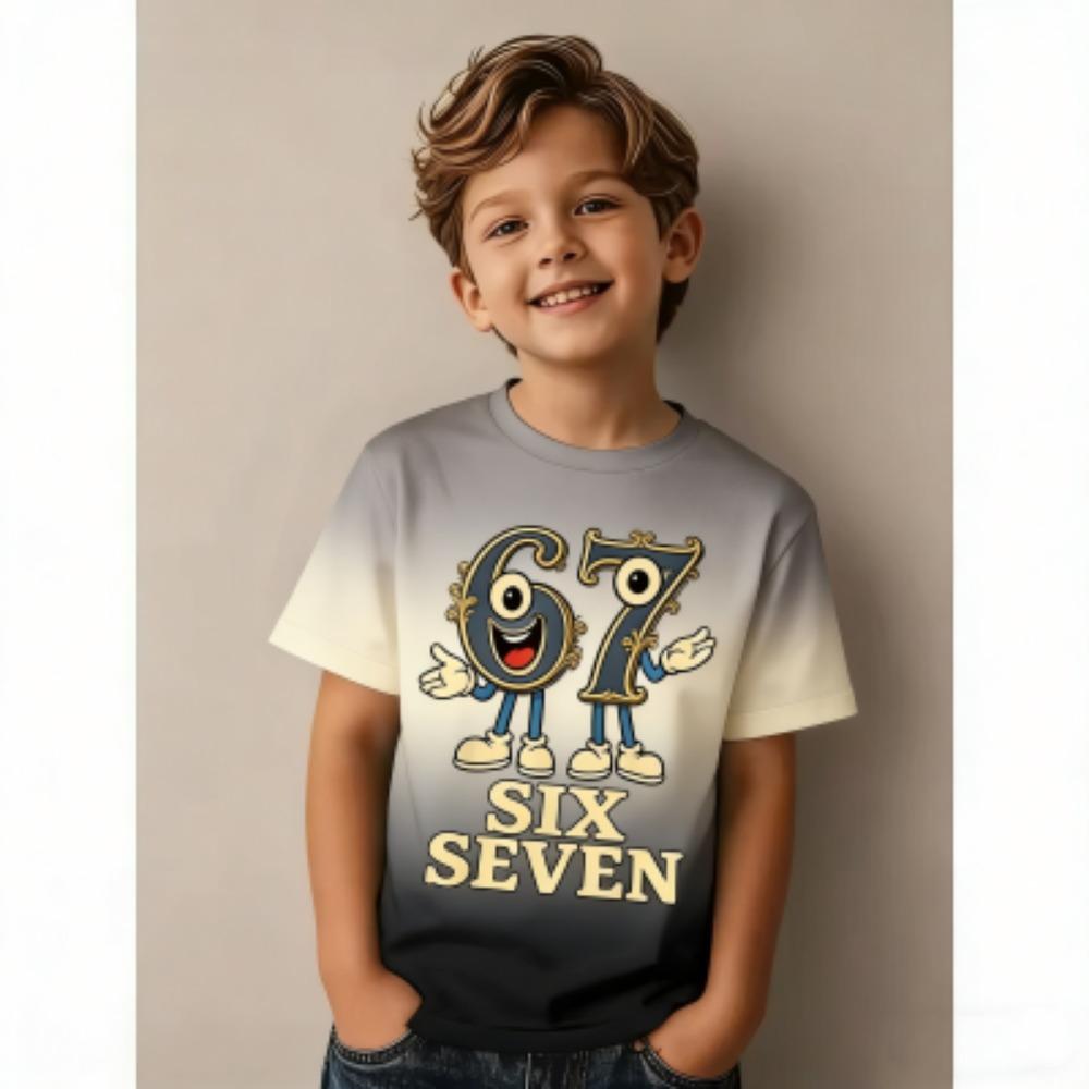 Fun Cartoon 67 Six Seven Multicolored Print Kids T-Shirts Summer Street Short-Sleeve Outdoor Casual Tops for Boy and Girl's Tees Top