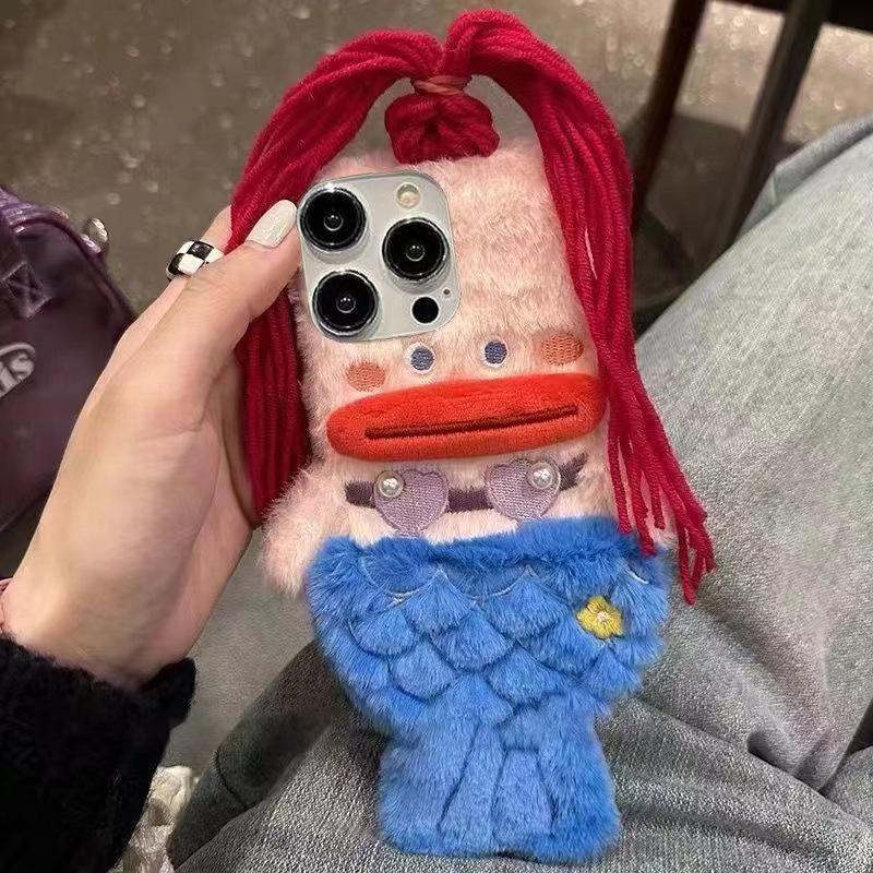 Плюшевый чехол-ракушка с русалкой для iPhone 11, 12, 13, 14, 15, 16 - Милый мультяшный дизайн для женщин