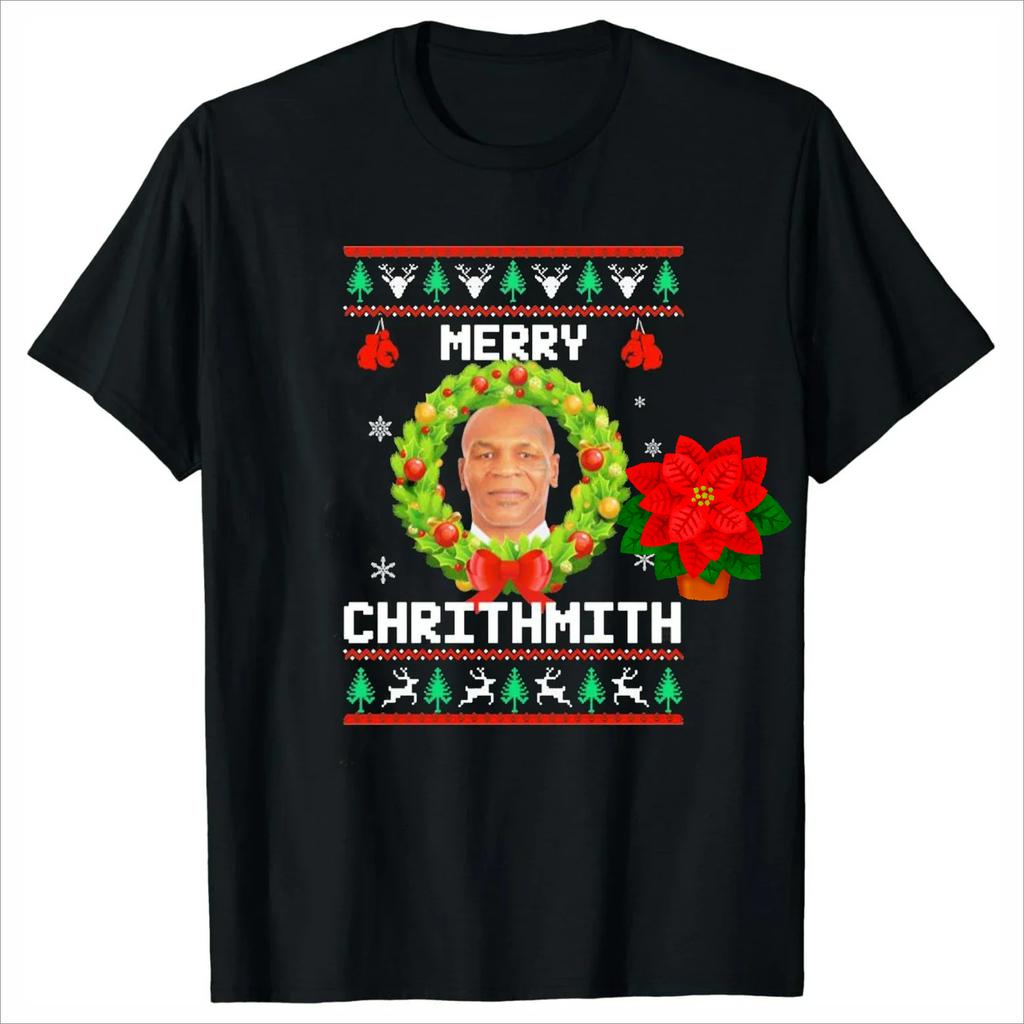 Merry Chritmith Mike Tyson Christmas Wreath Boxing Xmas TShirt 100 Cotton ONeck Short Sleeve Casual Unisexs Tshirt Size S3XL