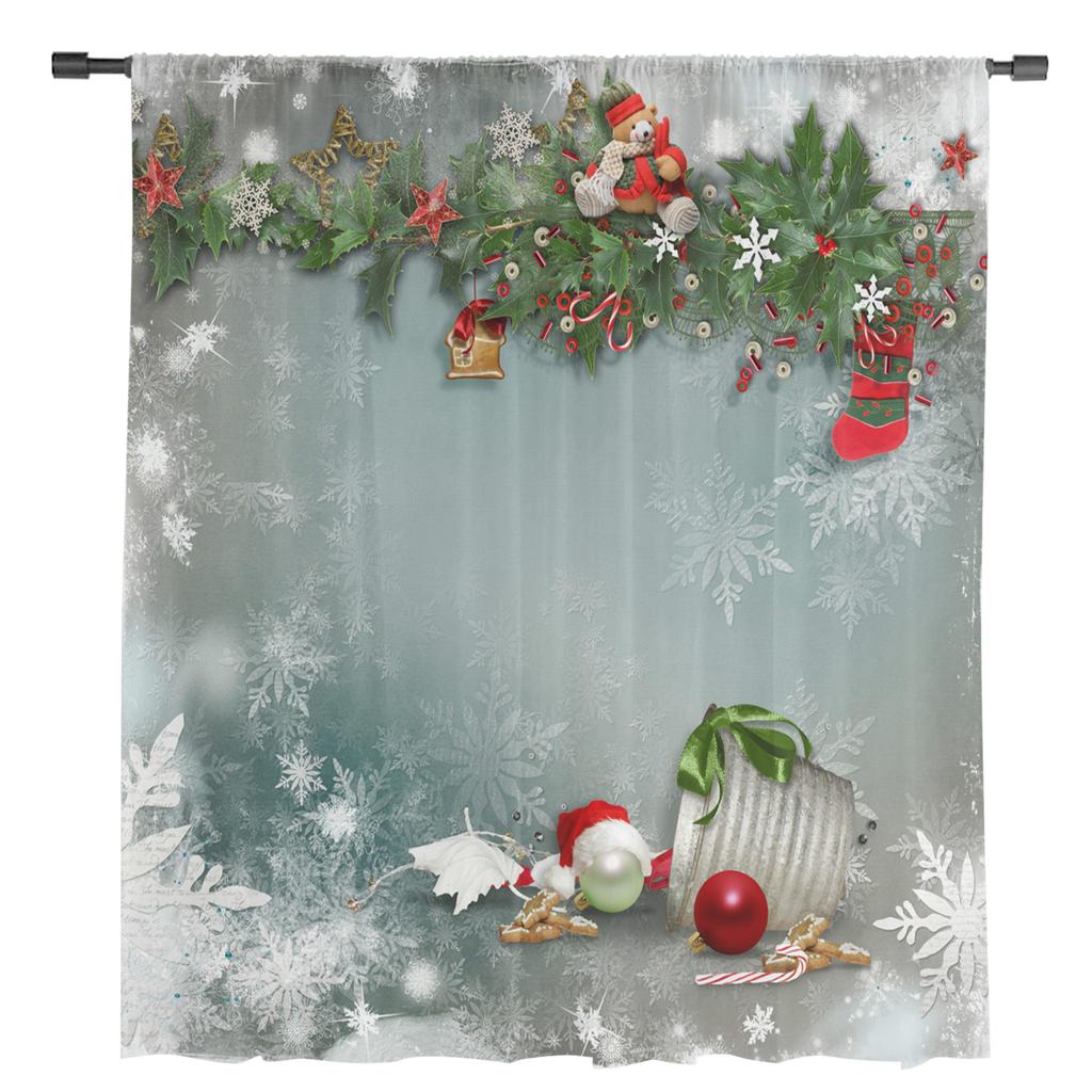 Christmas Bells Bears Decorative Balls Snowflakes Tulle Sheer Window Curtains Living Room Bedroom Voile Organza Curtains Drapes