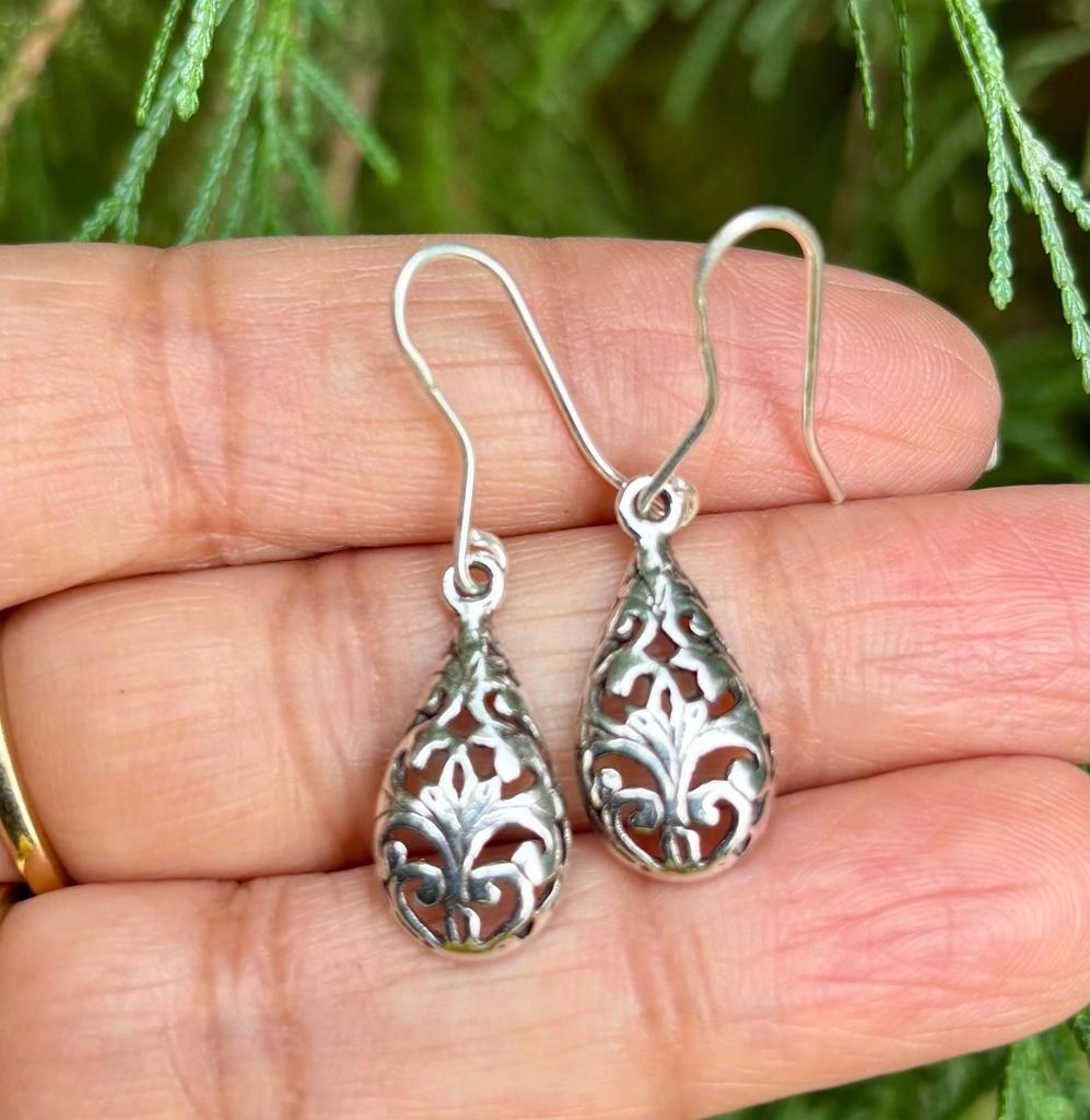 925 Sterling Silver Oxidized Danglers Earrings JHUMKA, Long Linear Earring, Cutwork FREE SHIP, 2.33 gm