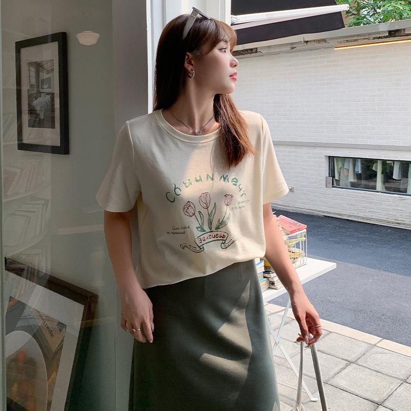 Summer Women's T-shirt Tulip Printed Plus Size Round Neck Positive Shoulder Short Sleeve Top