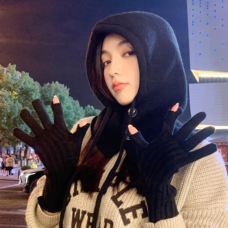 One-piece Solid Color Drawstring Hooded Scarf, Windproof Winter Beanie Hat & Scarf Set