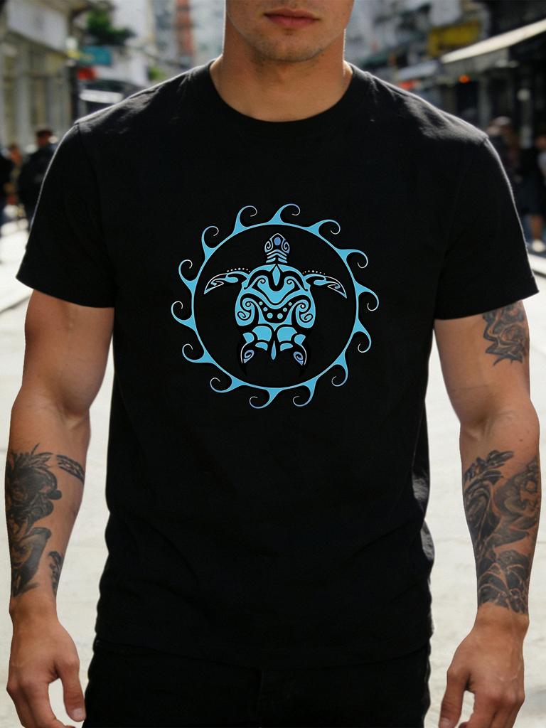 Unisex Navy Blue Tee Tribal Turtle Circle Pattern Print Short Sleeve Loose Casual Summer Street Basic Top For Adult Male Daily Wear