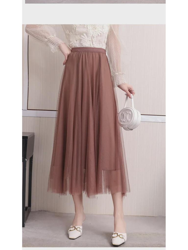 Юбка Fairy Mesh с высокой талией для женщин: Весенне-летняя трехслойная марля, средней длины, с широкими качелями
