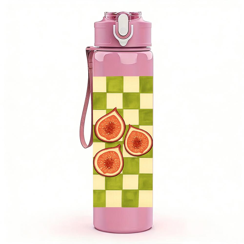 1PC Checkerboard Peach Fruit Grid 750ml Color Plastic Sports Water Bottle Leakproof Flip Straw Lid For Sports Office Home Use