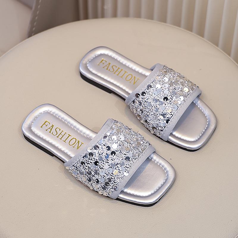 Тапочки с блестками для девочек, модные детские туфли на плоской подошве, тапочки принцессы, мягкая подошва, нескользящая, детская летняя пляжная обувь, размер 26-36