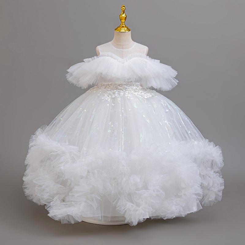 Girls' One-Shoulder Princess Dress with Mesh Puff Skirt – Formal Flower Girl Birthday Dance Costume