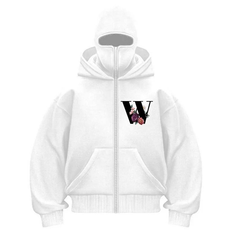 Хип-хоп толстовка с капюшоном на молнии с двойной шапкой, балаклава, куртка с капюшоном, уличная мода, принт с буквой, осень-зима