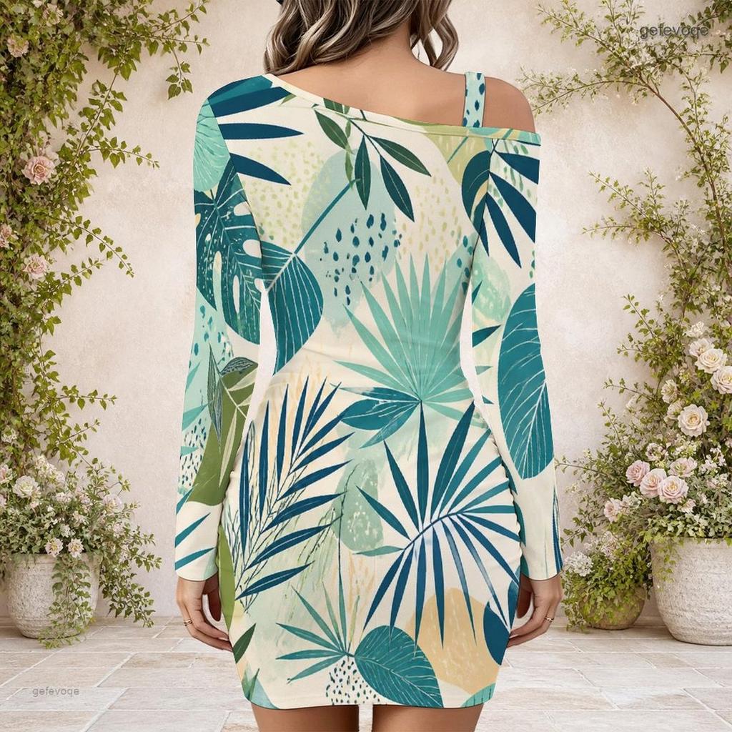 Women Plus Size One Shoulder Long Sleeve Leaf Printed Bodycon Mini Dress