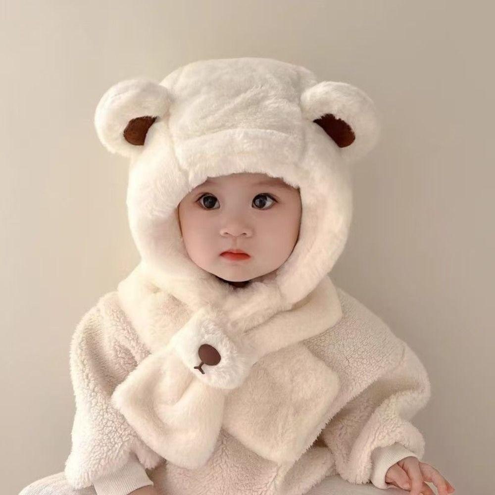 Plush Winter Baby Hat Scarf One-Piece Infant Beanies Cap Cute Kids Hat Hooded Scarf