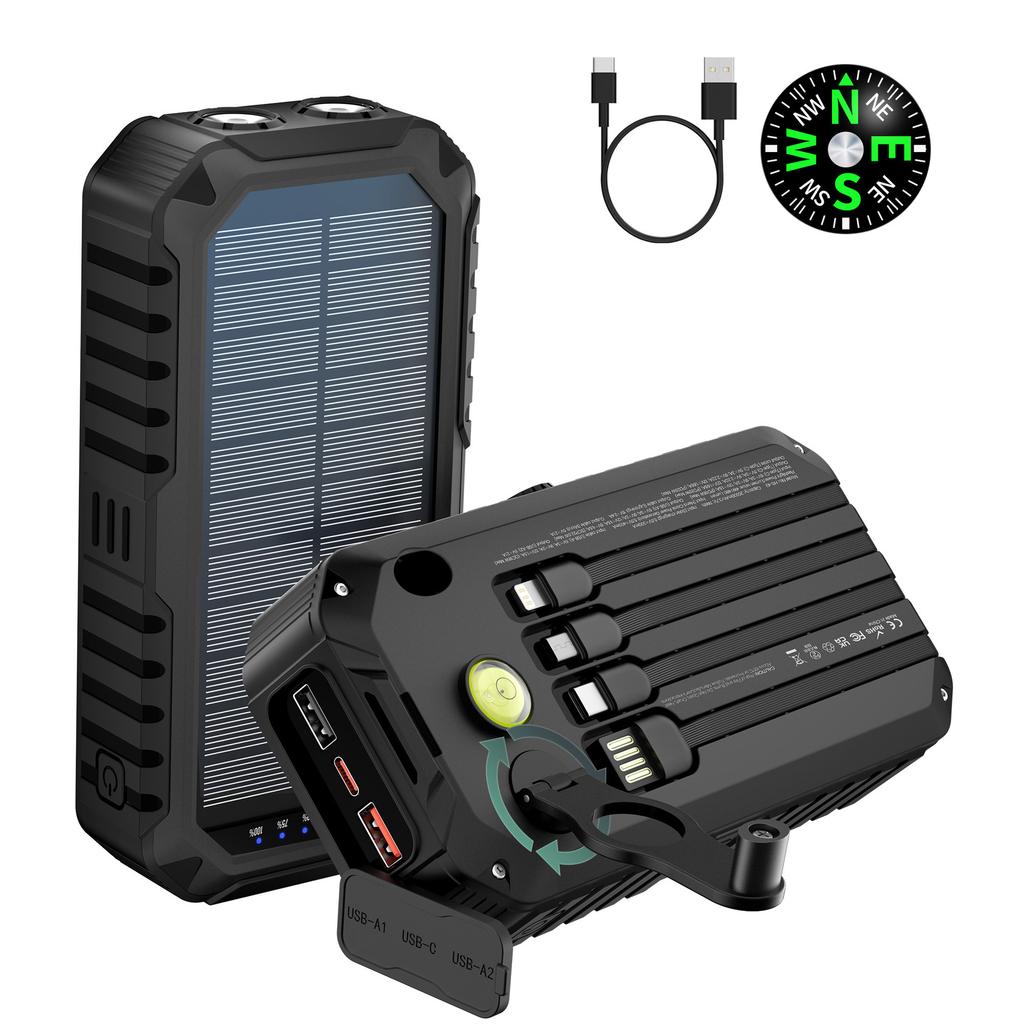Солнечное зарядное устройство с ручным приводом емкостью 20000 мАч со встроенным кабелем, быстрой зарядкой и многофункциональным портативным внешним аккумулятором