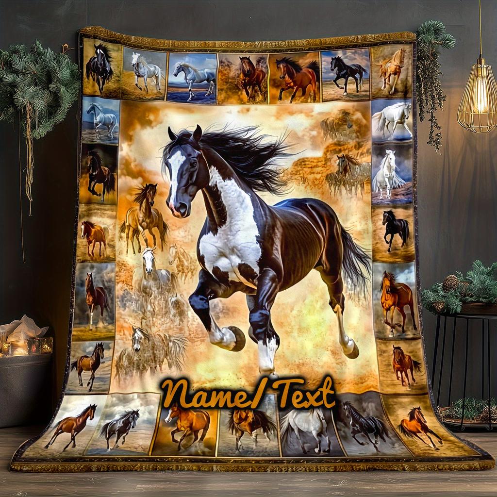 Personalized Horse Blanket Soft Flannel Throw with Majestic Black & White Horse Design, Lightweight & Warm for Home, Travel