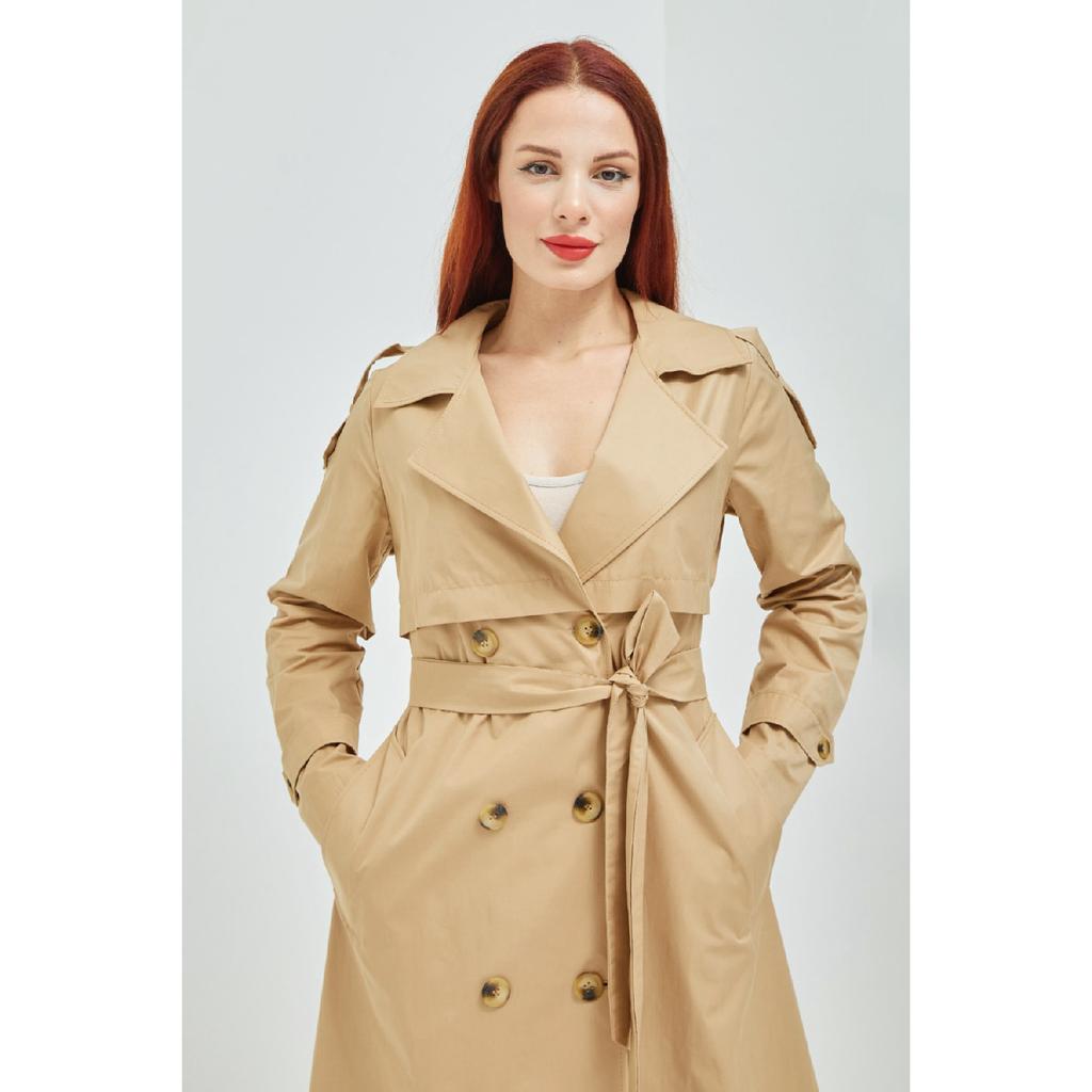 Waterproof Medium Length Unlined Cotton Double Breasted Trench Coat Beige 3440