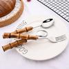 2/4/6Set Bamboo Handle Tableware Set Stainless Steel Flatware Fork Steak Knife Spoon Silverware Set Dinnerware Home Cutlery Set