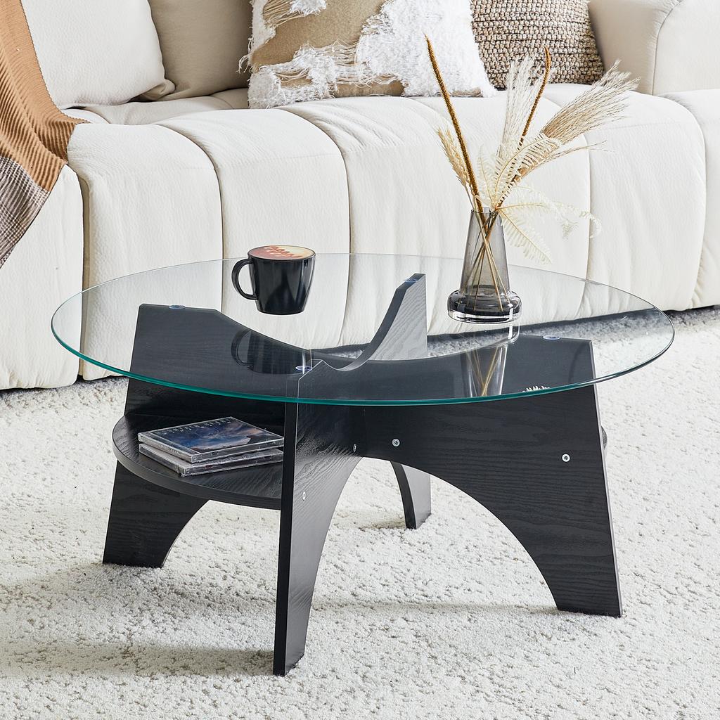 Modern Round Side Table, Safety Glass - diameter 80 cm, Fan-Shaped Frame, MDF Table Legs, Black Wood Look, Dining Room, Living Room, Office etc.