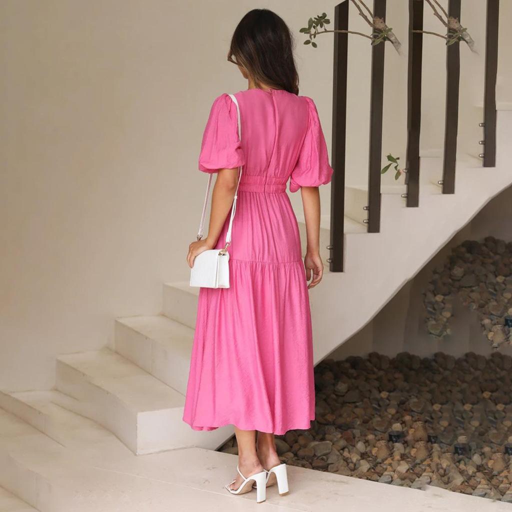 Women Spring Solid Color Short Puff Sleeve Dress Summer Casual V-Neck High Waist Ankle-Length Dresses S-XL