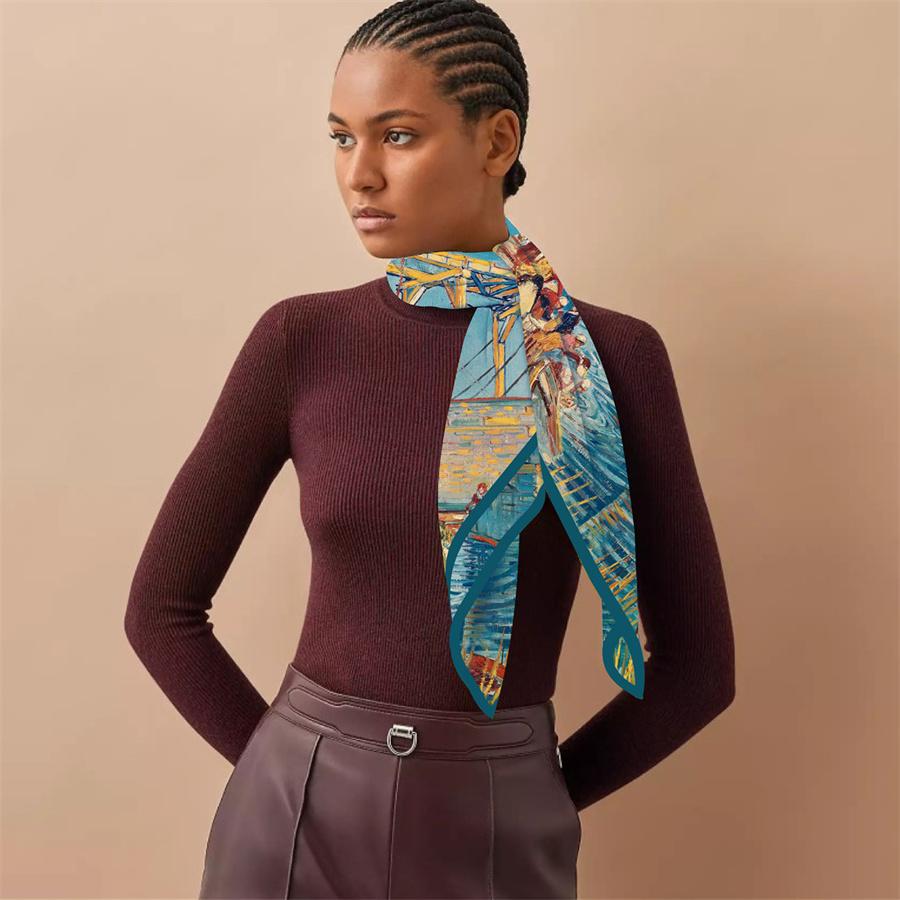 Silk Scarf Women Alle Bridge Print Square Scarves Head Echarpes Silk Foulards Femme Wraps Beach Shawls Bandana Lady Hijabs 90CM