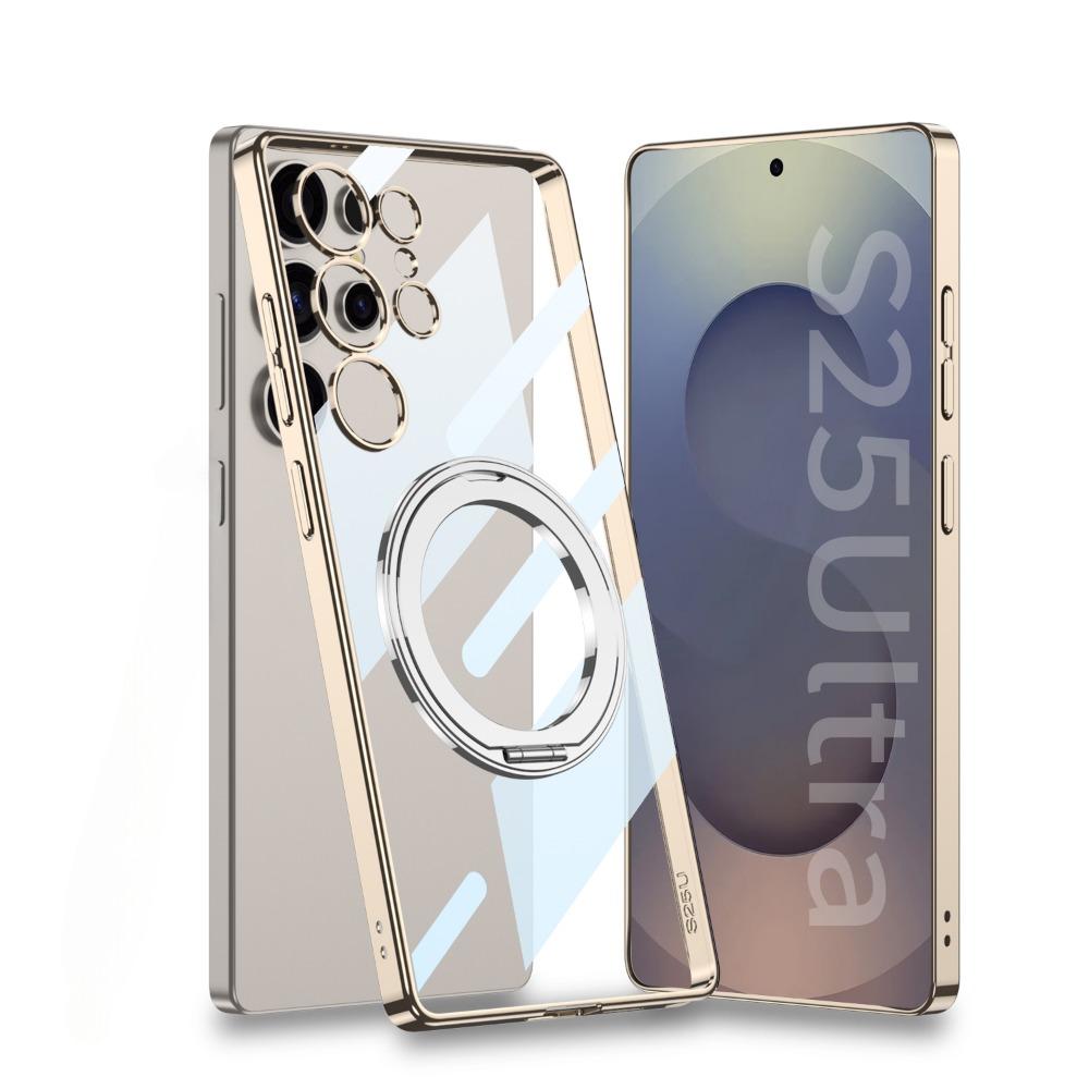 Гальванический прозрачный магнитный чехол для телефона Samsung Galaxy S25 Ultra вращающийся кронштейн жесткий корпус противоударный чехол
