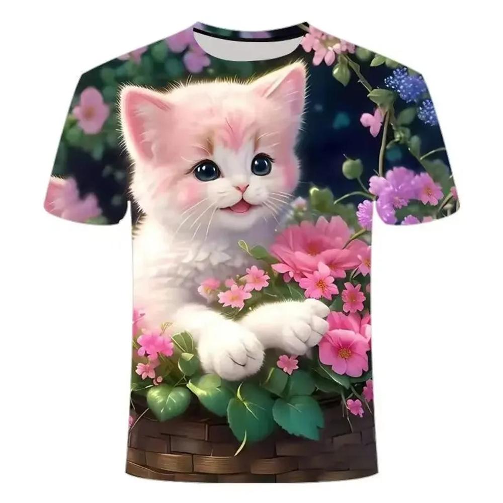 Детская летняя одежда с милым принтом кошки с коротким рукавом, мультяшный красивый топ для девочек, повседневная футболка с круглым вырезом
