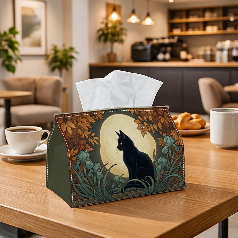1pc Gothic Black Cat Tissue Box with Moon & Suitable for Rolls/Facial Tissues Holder, Decorative Napkin Storage Organizer for Home, Car, Party - Compa