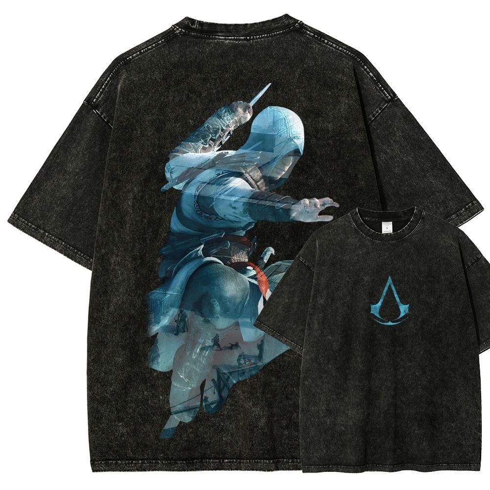 2026 Assassin's Creed Серый Красно-белый Эмблема Ассасина Двусторонняя Стирка Старая Короткий рукав Футболка Свободный Хлопок