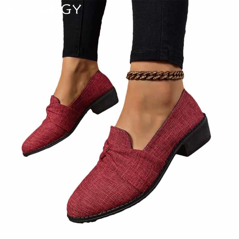 Модные холщовые толстые женские мокасины с бантом на среднем каблуке, прогулочная обувь для женщин 2025 года, зимние туфли-лодочки для платья, для путешествий, Zapatos