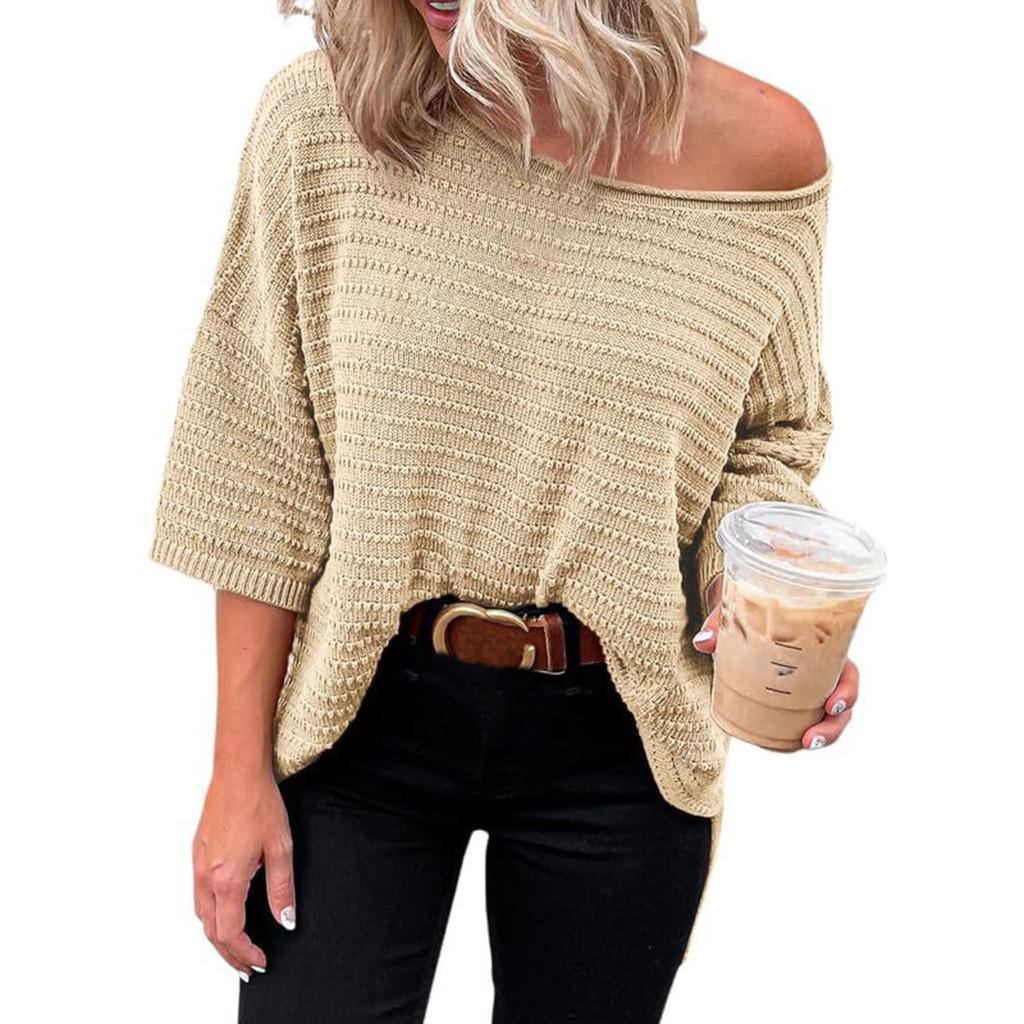 Women's Fashionable Sweater Solid Color Round Neck Off Shoulder Loose Knit Sweater