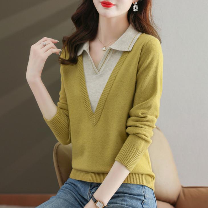 Fake Two Piece Knitted Sweater Women Fashion Lapel All Match V Neck Autumn Winter Pullover Top Casual Basic Sweaters