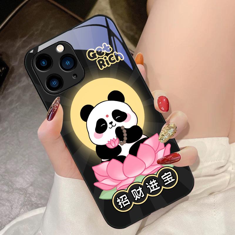 Чехол для телефона из закаленного стекла Сидящая панда лотос для iPhone 16 Pro Max 15 Pro 14 13 12 Mini 11 XS Max XR 7 8 Plus SE 2022