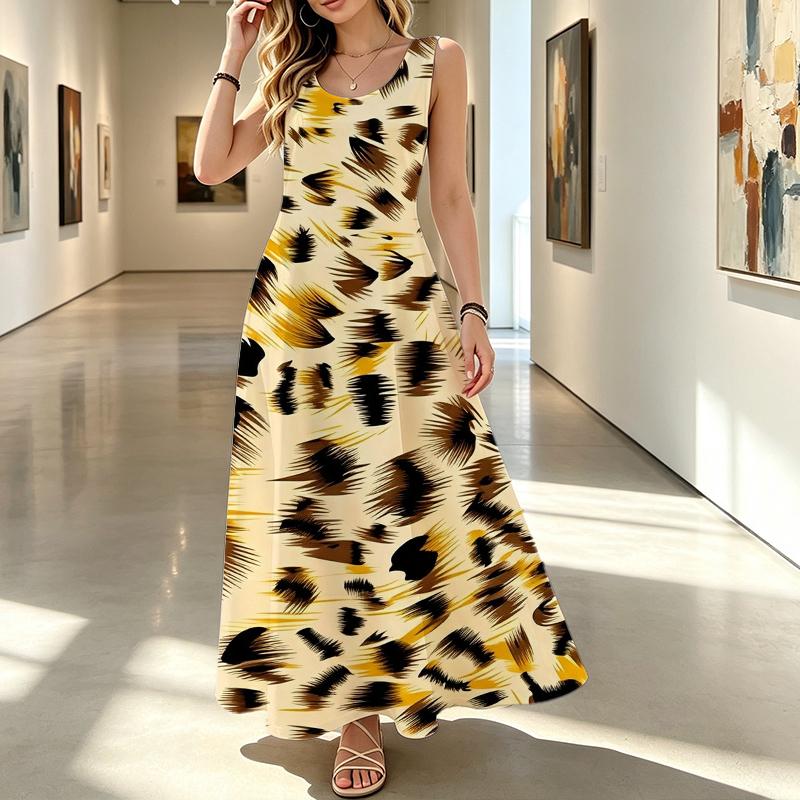 Women's Leopard Print Sleeveless Maxi Dress Flowy Hem,Comfortable Fabric,Ideal for Travel Photos,Casual Gatherings,Fashionable Versatile