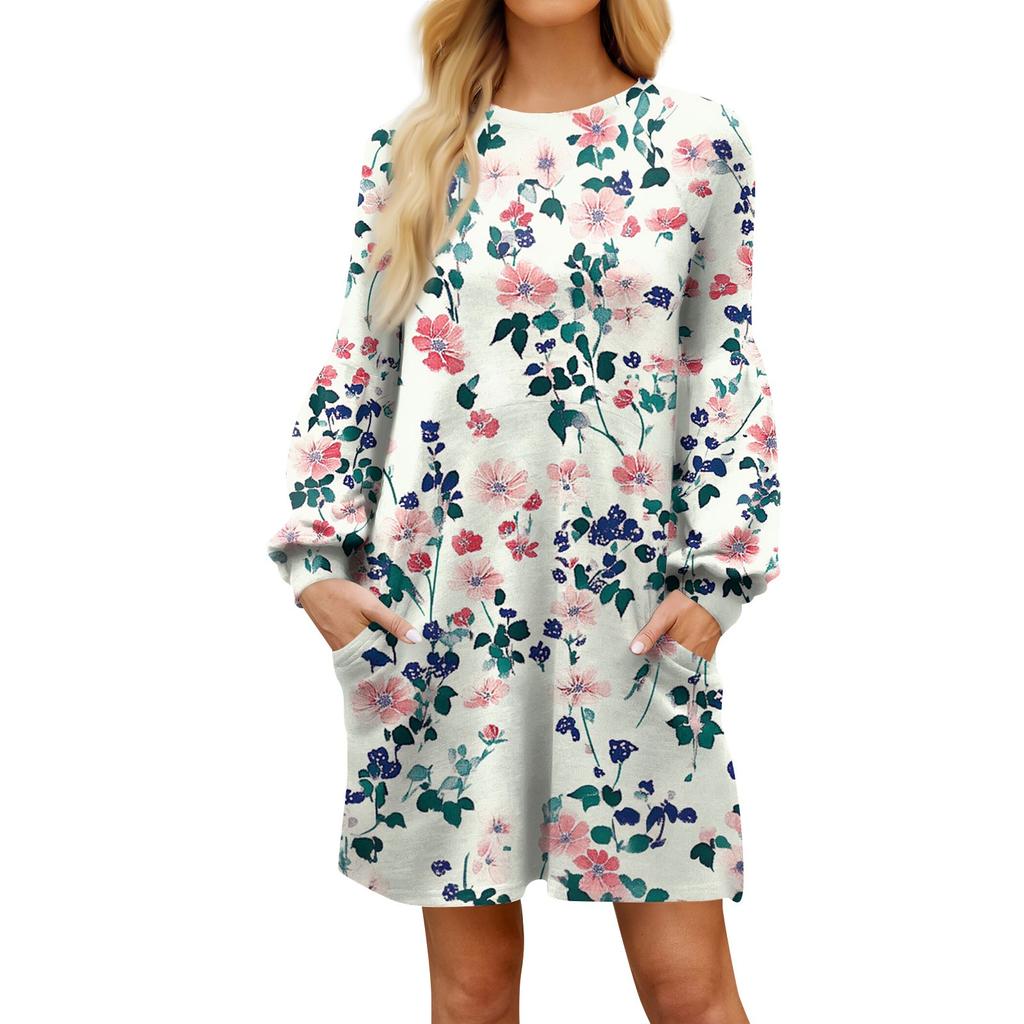 Модное женское платье трапециевидной формы с длинным рукавом. Осенний повседневный пуловер с круглым вырезом. Свободное платье с карманами.