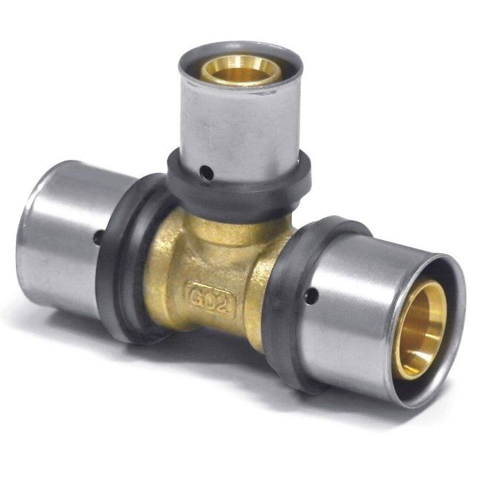 Té pressfitting - BONI-SHOP® - Réduit 26x3-26x3-20x2 - Laiton spécial CU Zn40 Pb2 - Manchon inox - DVGW, 10 bar/95°C