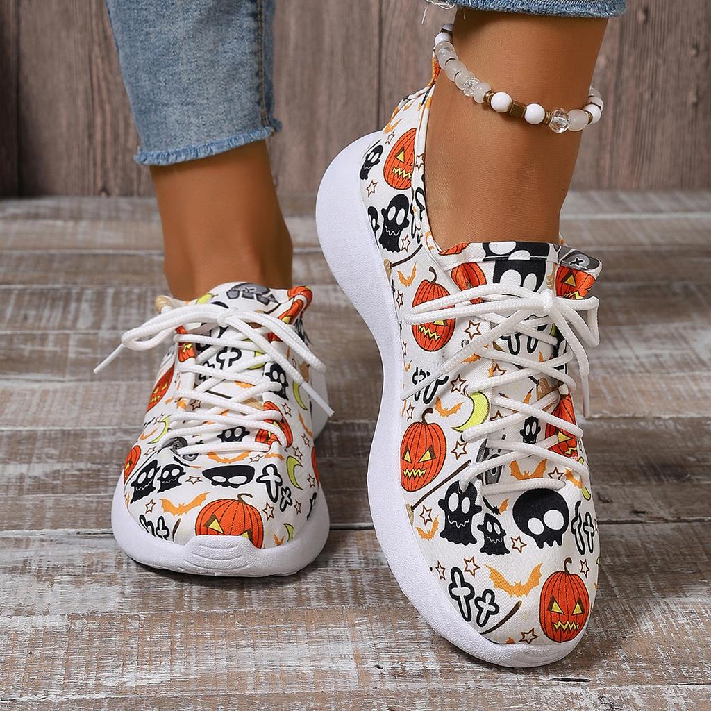 Fashion Women Sneakers 2024 New Popular Flat Bottom Round Head Lace Up Casual Shoes Halloween Pumpkin Pattern Low Top Women Sports Shoes