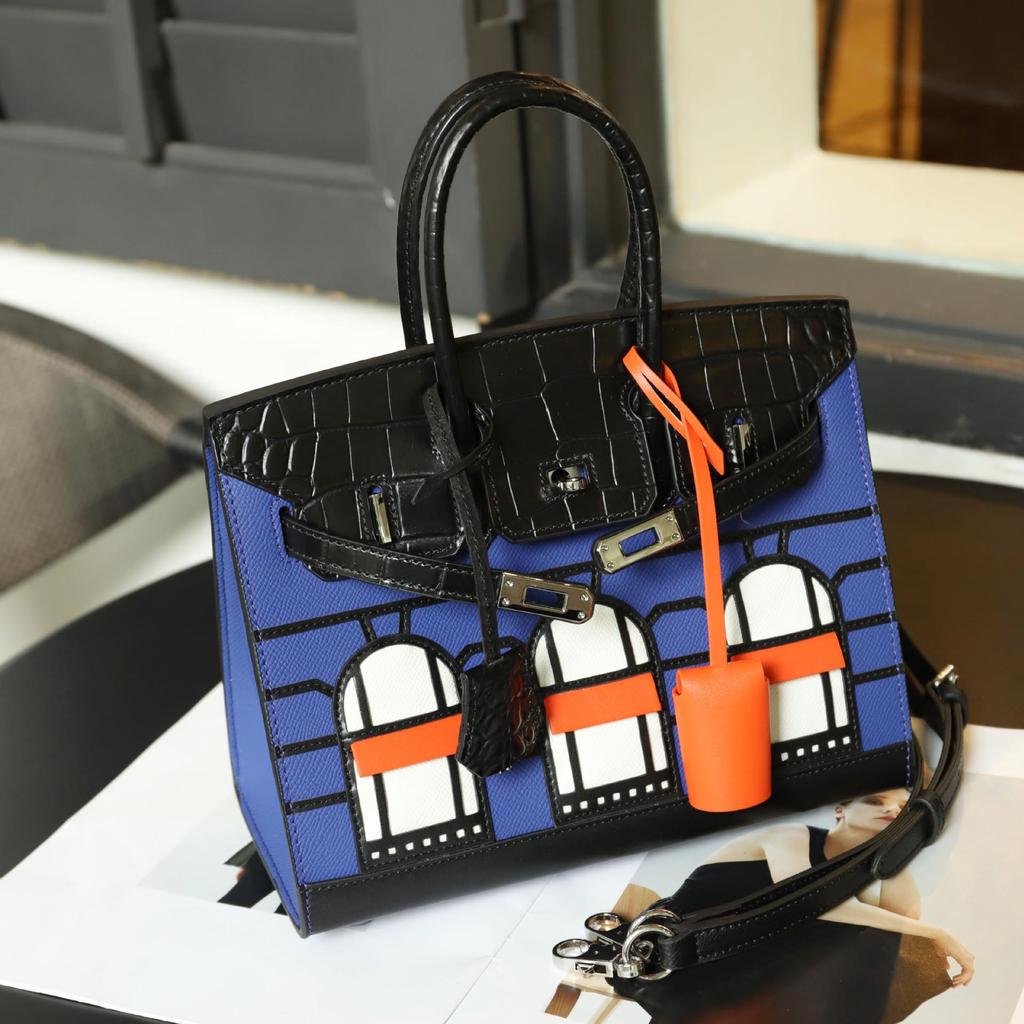 Cowhide Crocodile Contrast Color Platinum Shoulder Handbag - Genuine Leather Women's High-End Messenger Bag