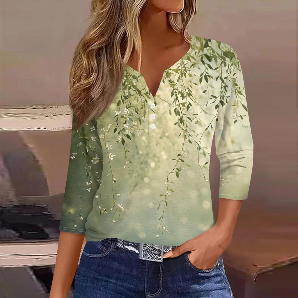Женская модная повседневная футболка с цветочным принтом, V-образным вырезом, декоративными пуговицами и рукавом три четверти