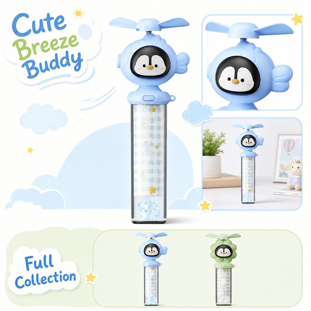 Portable Handheld Rechargeable Fan for Kids with Three Speed Settings USB Type-C Charging and 1 to 3 Hours Runtime Compact Penguin Design