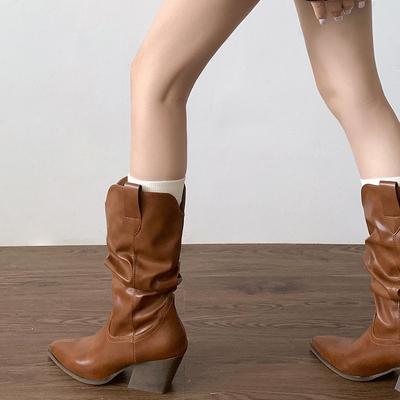 Коричневые винтажные сапоги Майяра с острым каблуком средней высоты, женские, весна-лето 2025, узкие сапоги в британском стиле с ворсом