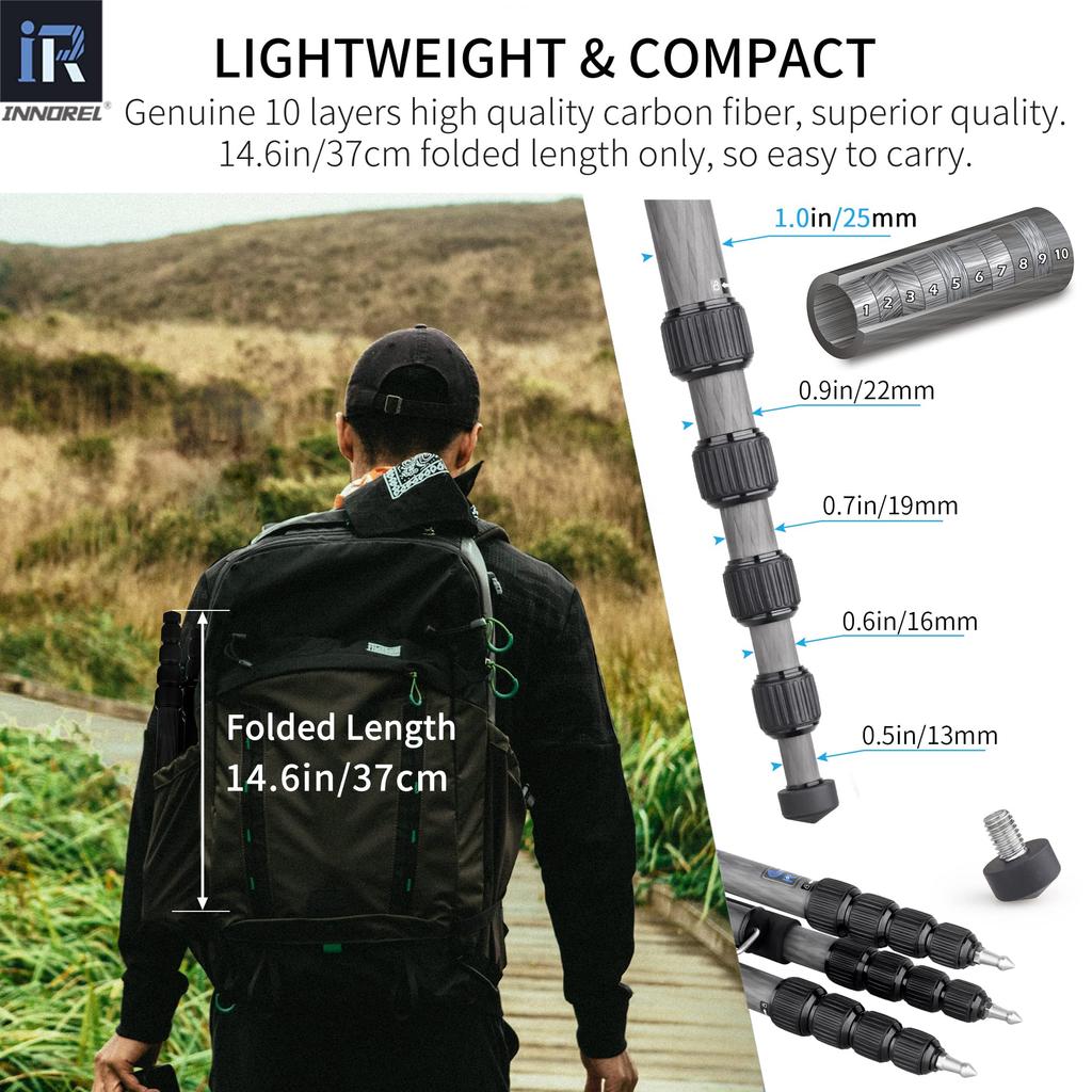 INNOREL Carbon Small and Medium Ultra Light Weight Capacity 5 Adjustable Tube Diameter Center Low Center of Nut Lock Digital SLR Digital Fireworks