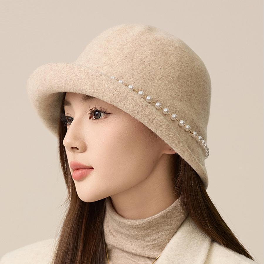 Pearl Wool Top Hat Women's Dome Hat Autumn Winter Warm Bucket Hat