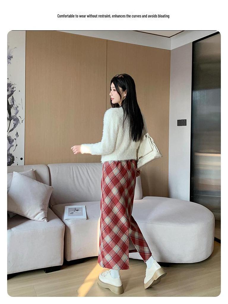 Женская шерстяная клетчатая юбка с высокой талией - узкий А-силуэт средней длины, утолщенная для осени/зимы 2024 г.